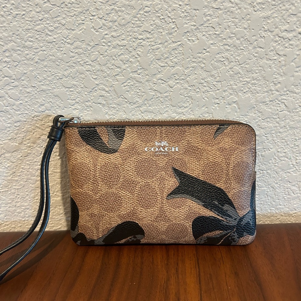 Coach Brown and Black Floral Wristlet Pouch